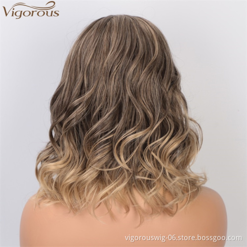 Vigorous 14 Inches Short Wavy Synthetic Side Part Wig Heat Resistant Fiber Cosplay Wig For Women Gray Mixed Blonde Color